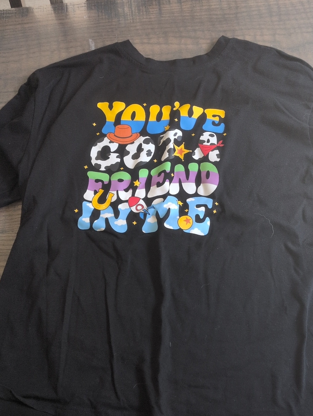 Amazon Black Graphic Tee with Multicolor 'You've Got A Friend In Me' Print